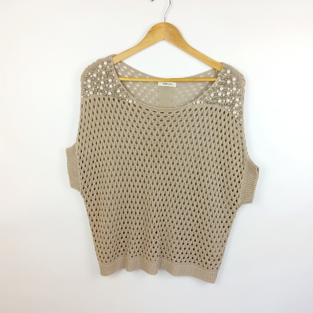 Love Culture Tan Embellished Short Sleeve Knit S/M